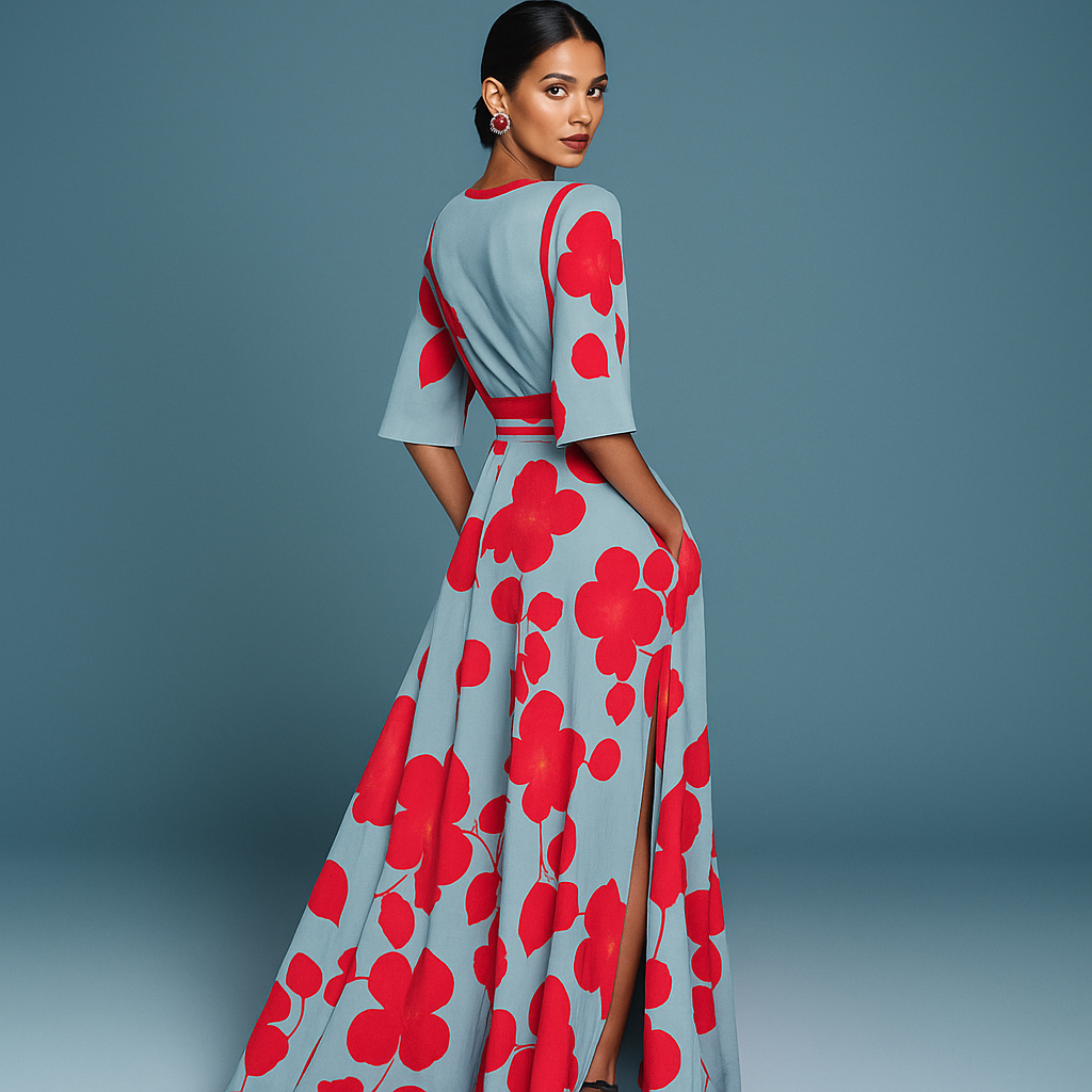 Olga - Vestido Flores Rojas y Azul Cielo