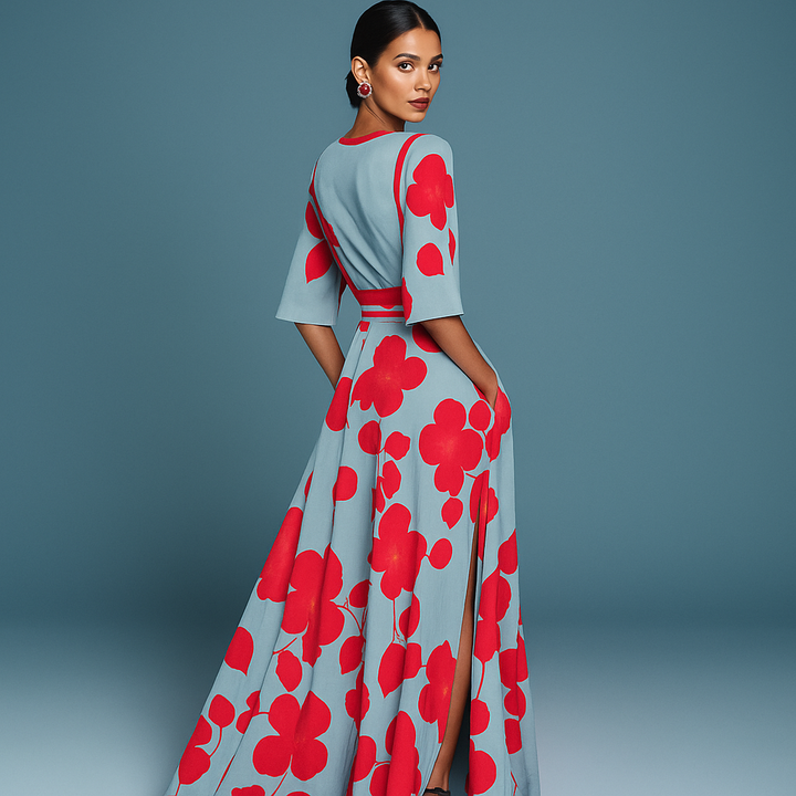 Olga - Vestido Flores Rojas y Azul Cielo