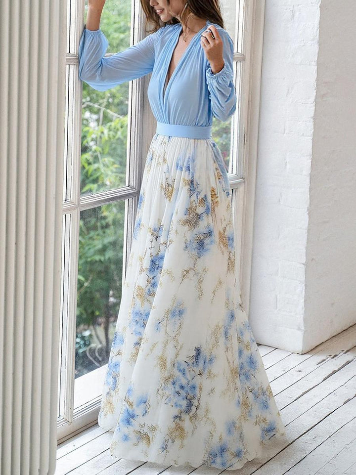 Erlinda - Vestido Largo Escote V Flores Azul y Dorado