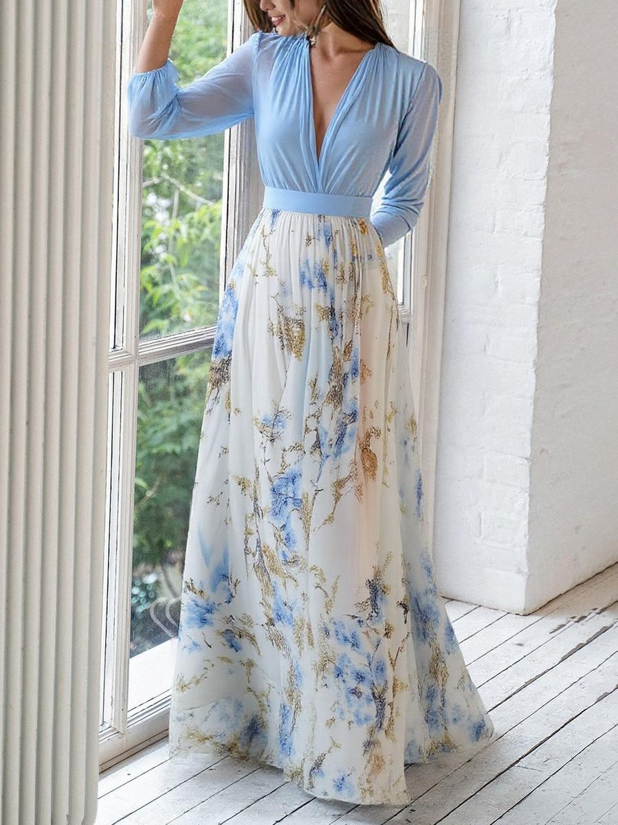 Erlinda - Vestido Largo Escote V Flores Azul y Dorado