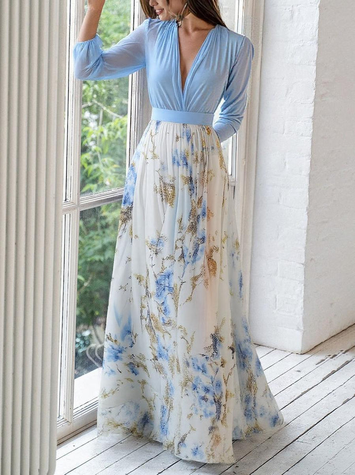Erlinda - Vestido Largo Escote V Flores Azul y Dorado