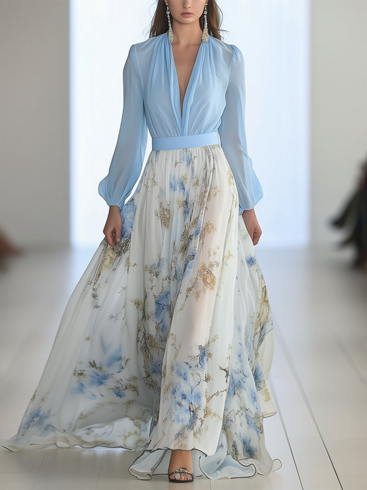 Erlinda - Vestido Largo Escote V Flores Azul y Dorado