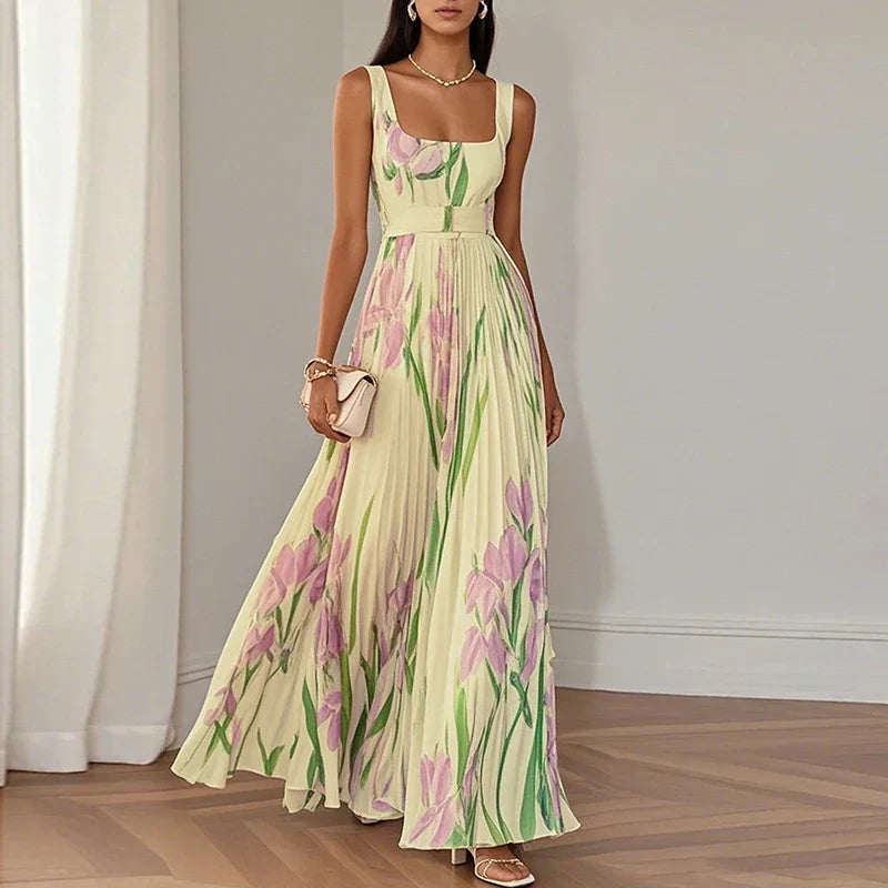 Elisa - Vestido Maxi Flores Plisado