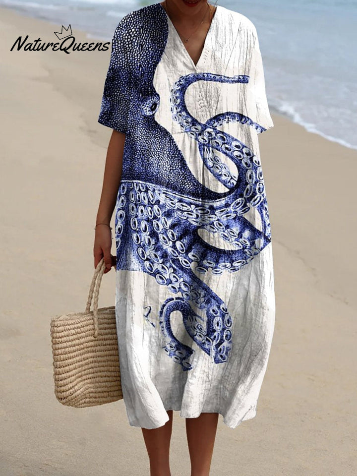 Fabiola - Vestido Pulpo Marino Azul y Blanco
