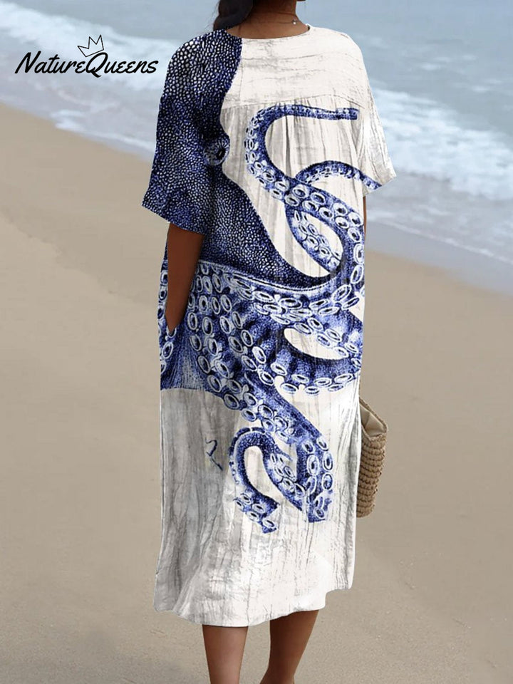 Fabiola - Vestido Pulpo Marino Azul y Blanco