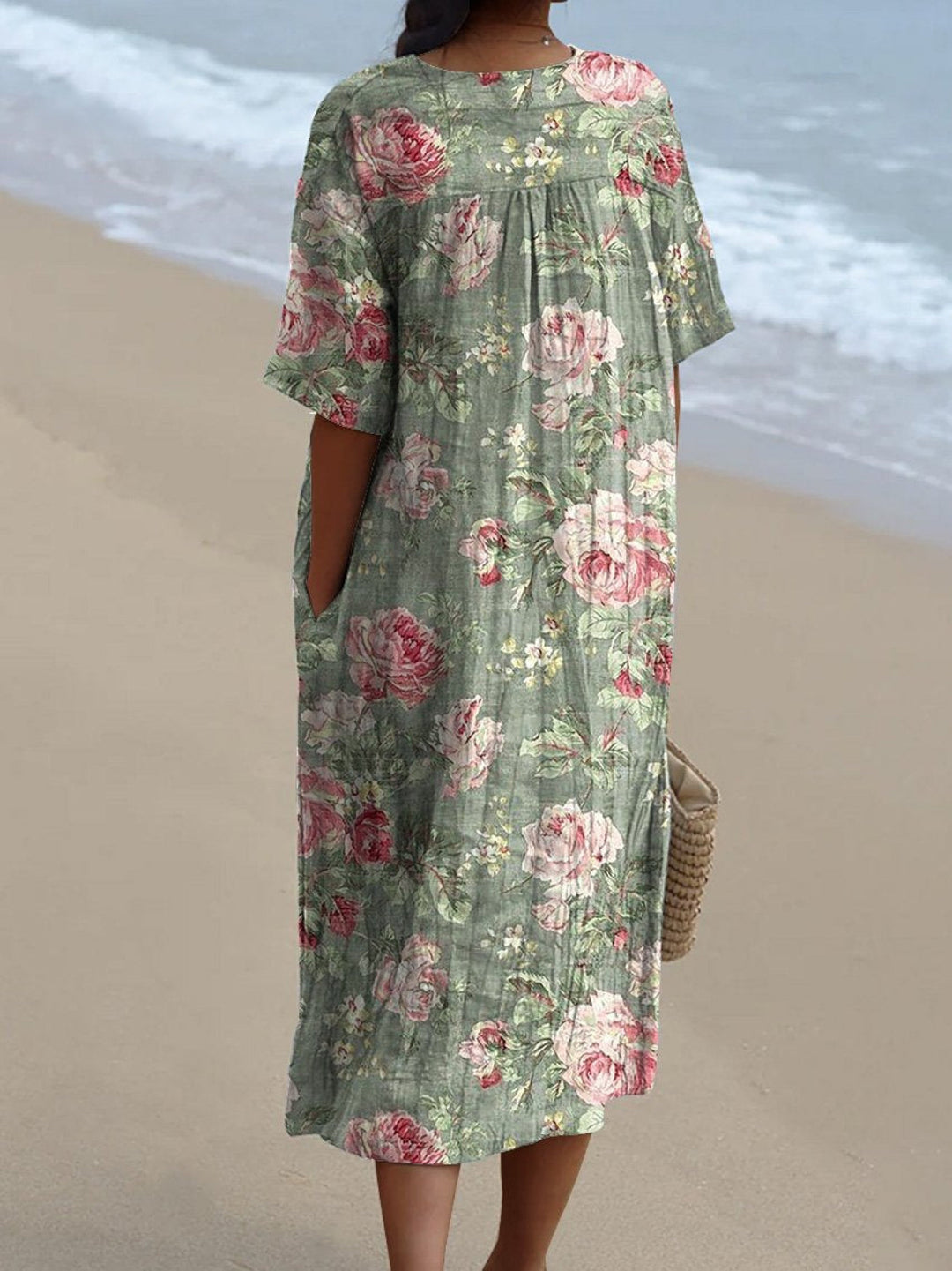 Mercedes - Vestido Rosas Vintage Verde Salvia